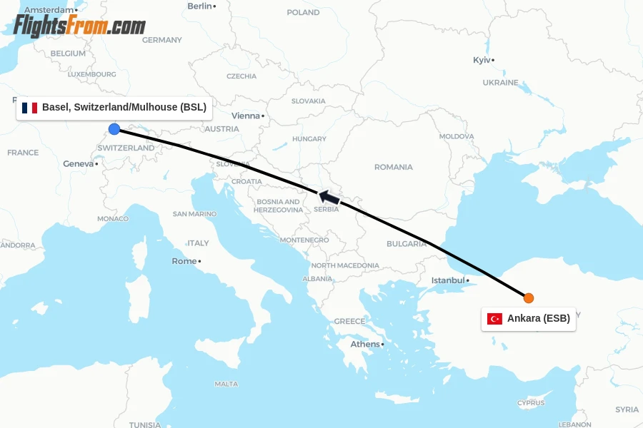 Flights from Ankara to Basel, Switzerland/Mulhouse route map
