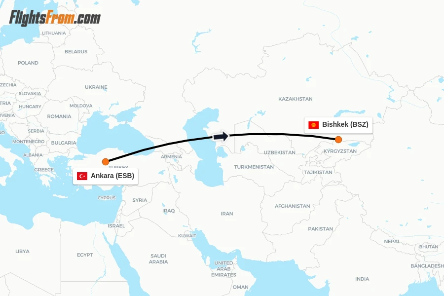 Flights from Ankara to Bishkek route map