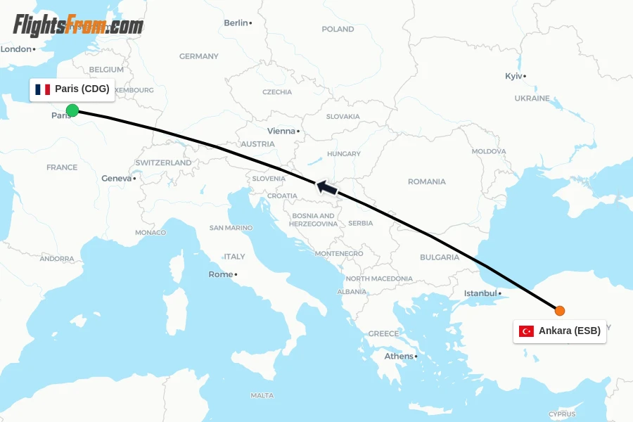 Flights from Ankara to Paris route map