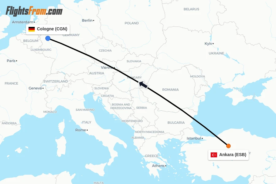 Flights from Ankara to Cologne route map