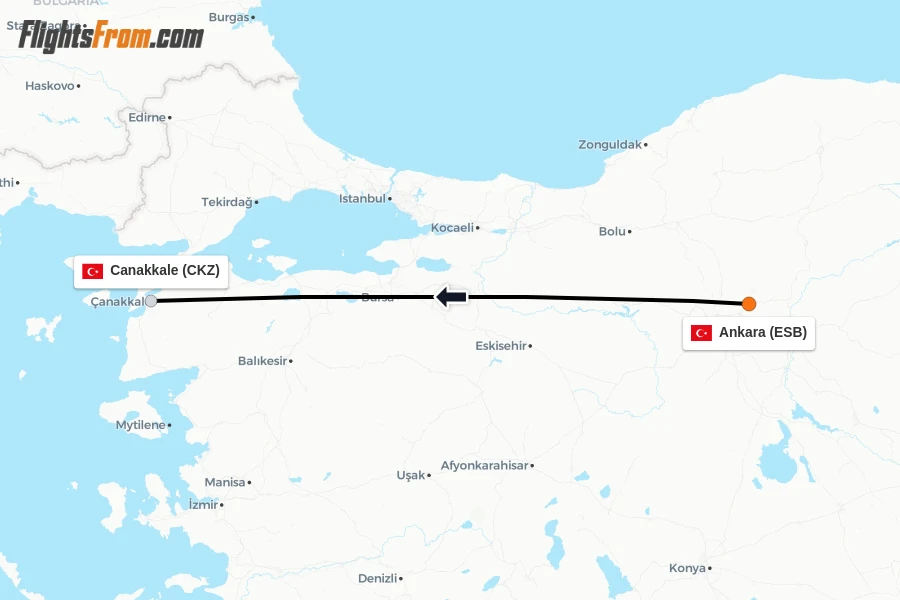 Flights from Ankara to Canakkale route map