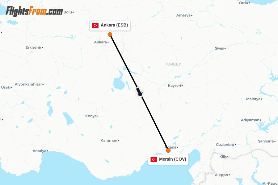 Flights from Ankara to Mersin route map