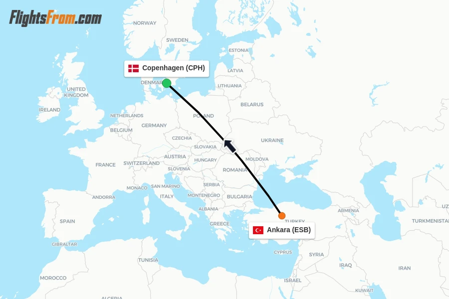 Flights from Ankara to Copenhagen route map