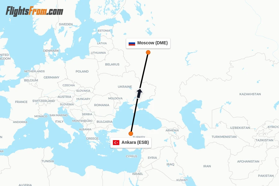 Flights from Ankara to Moscow route map