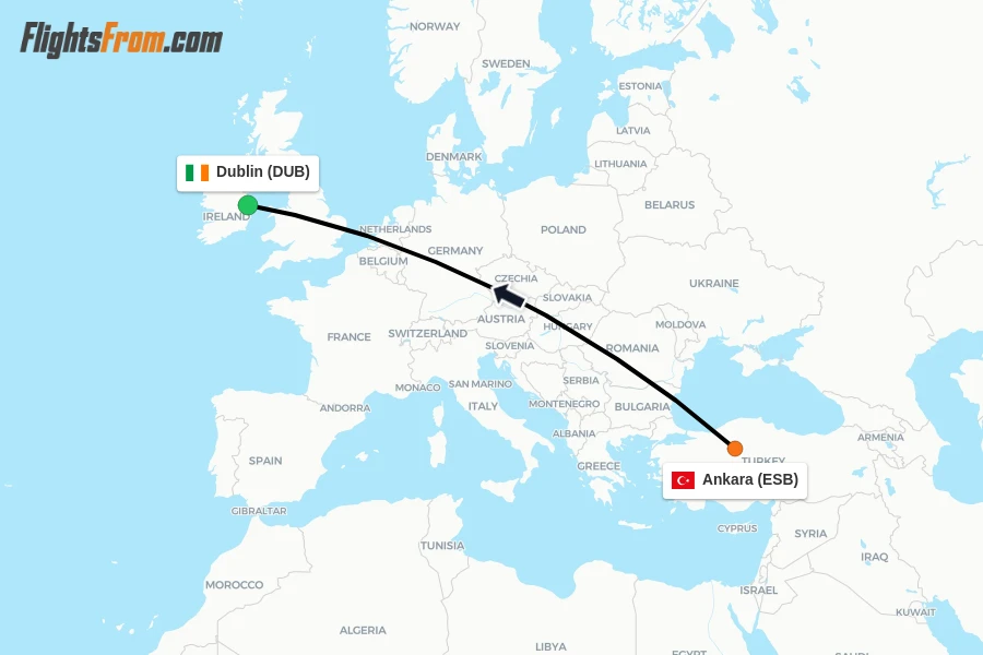 Flights from Ankara to Dublin route map