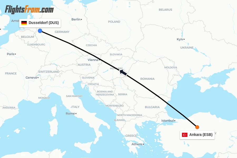 Flights from Ankara to Dusseldorf route map