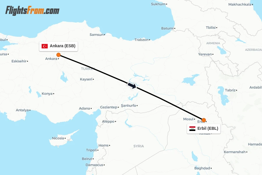 Flights from Ankara to Erbil route map