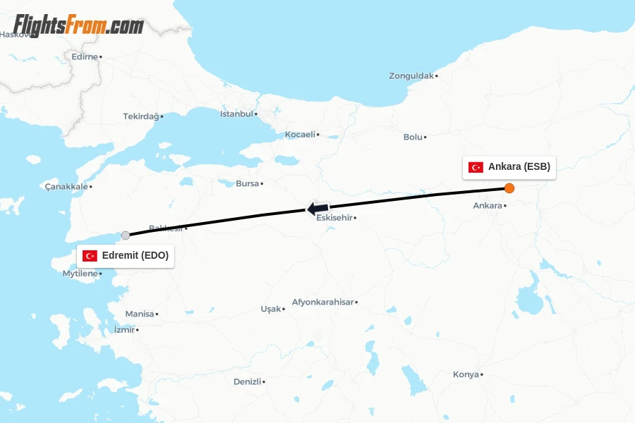 Flights from Ankara to Edremit route map