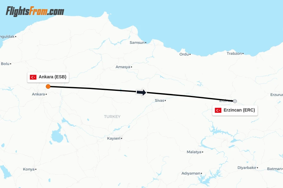 Flights from Ankara to Erzincan route map
