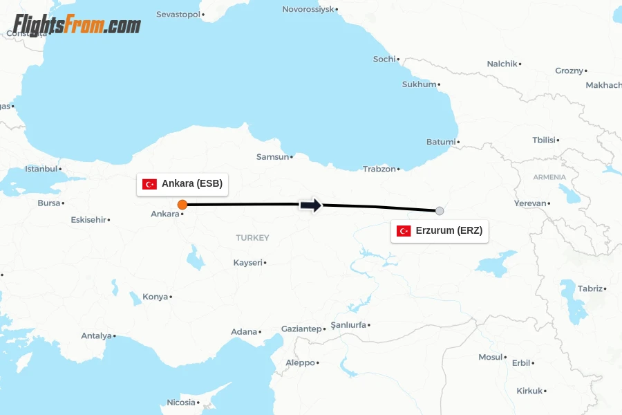 Flights from Ankara to Erzurum route map