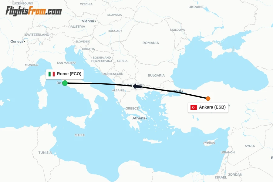 Flights from Ankara to Rome route map