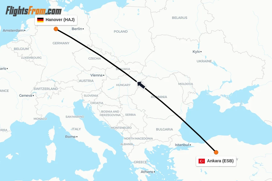 Flights from Ankara to Hanover route map