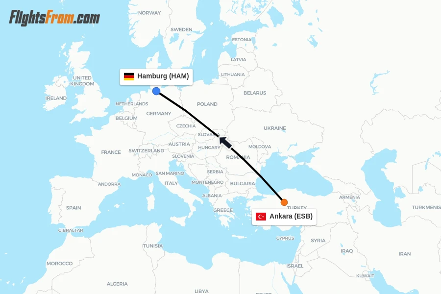 Flights from Ankara to Hamburg route map