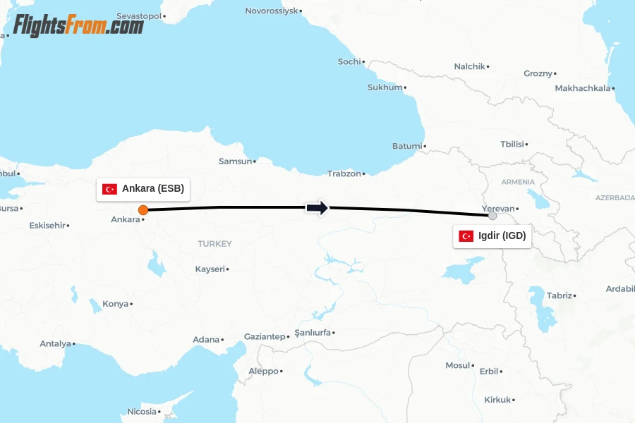 Flights from Ankara to Igdir route map