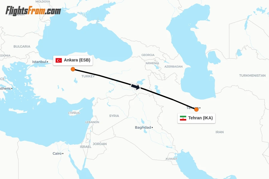 Flights from Ankara to Tehran route map