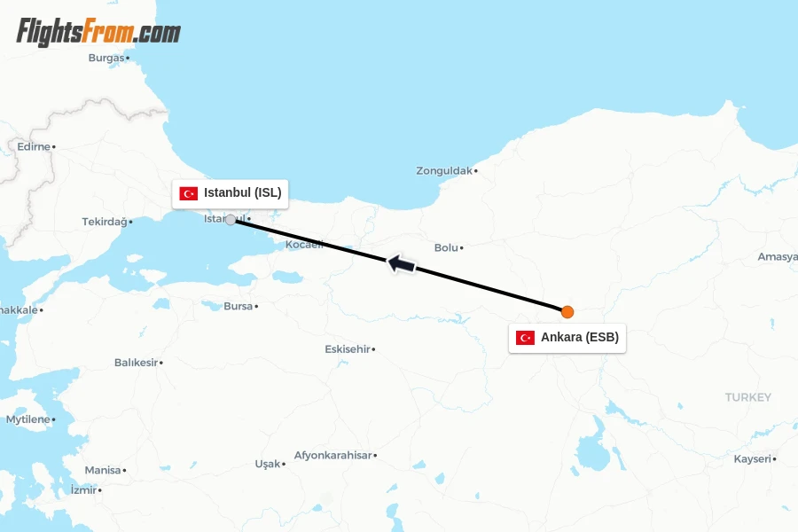 Flights from Ankara to Istanbul route map