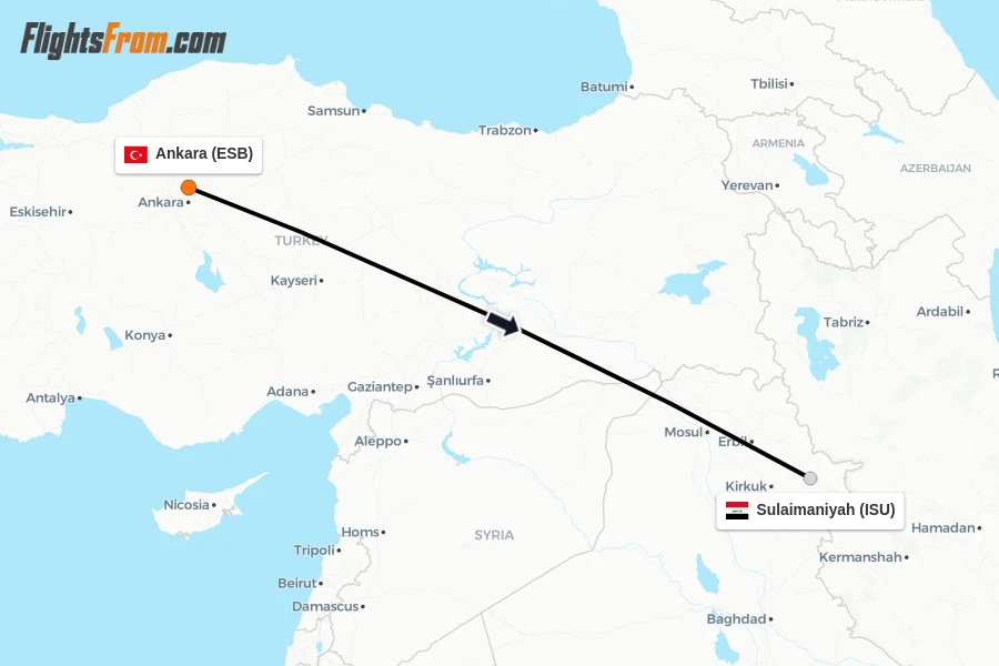 Flights from Ankara to Sulaimaniyah route map