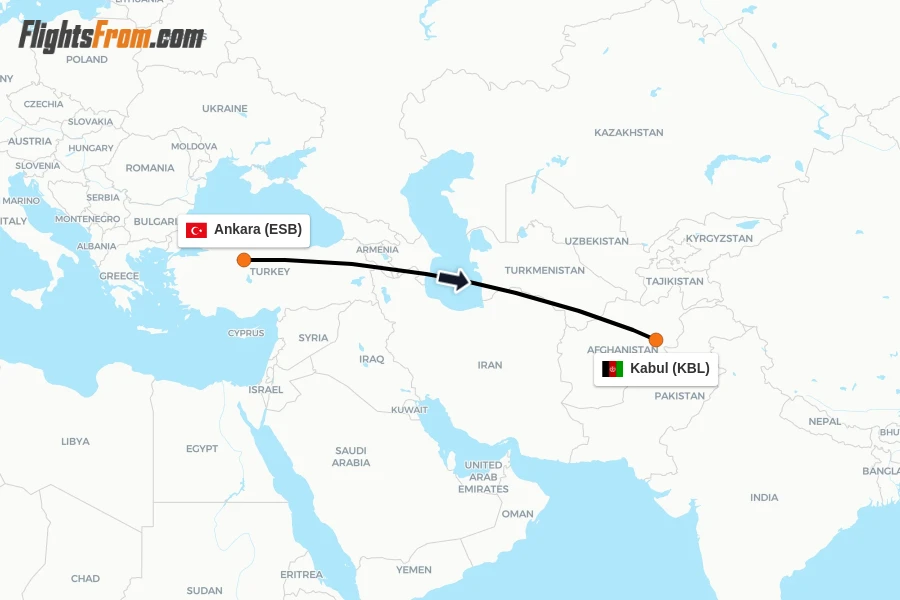 Flights from Ankara to Kabul route map