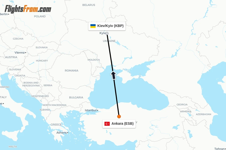 Flights from Ankara to Kiev/Kyiv route map