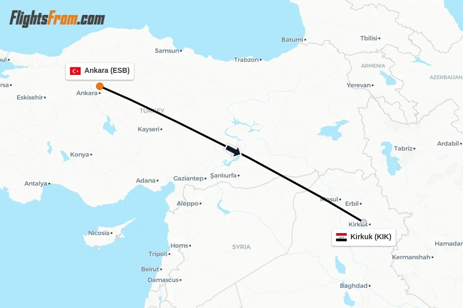 Flights from Ankara to Kirkuk route map