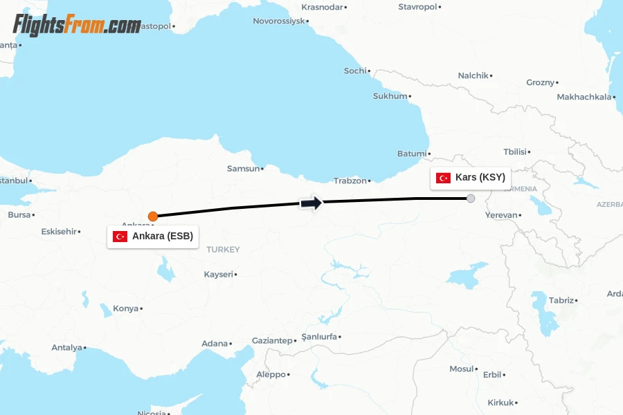 Flights from Ankara to Kars route map