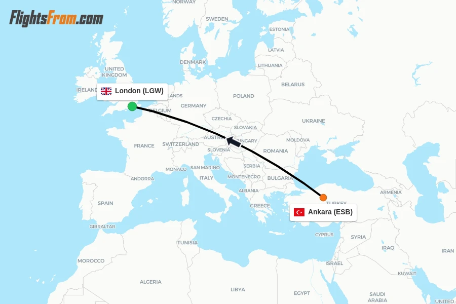 Flights from Ankara to London route map