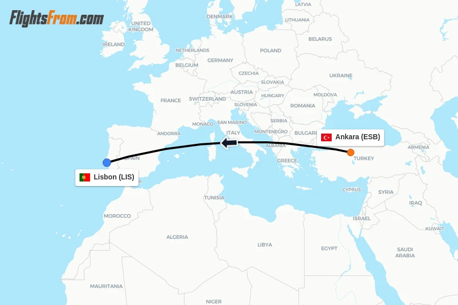 Flights from Ankara to Lisbon route map