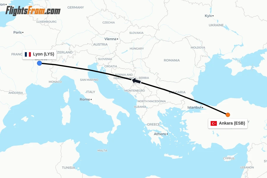 Flights from Ankara to Lyon route map