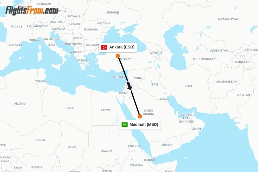 Flights from Ankara to Madinah route map