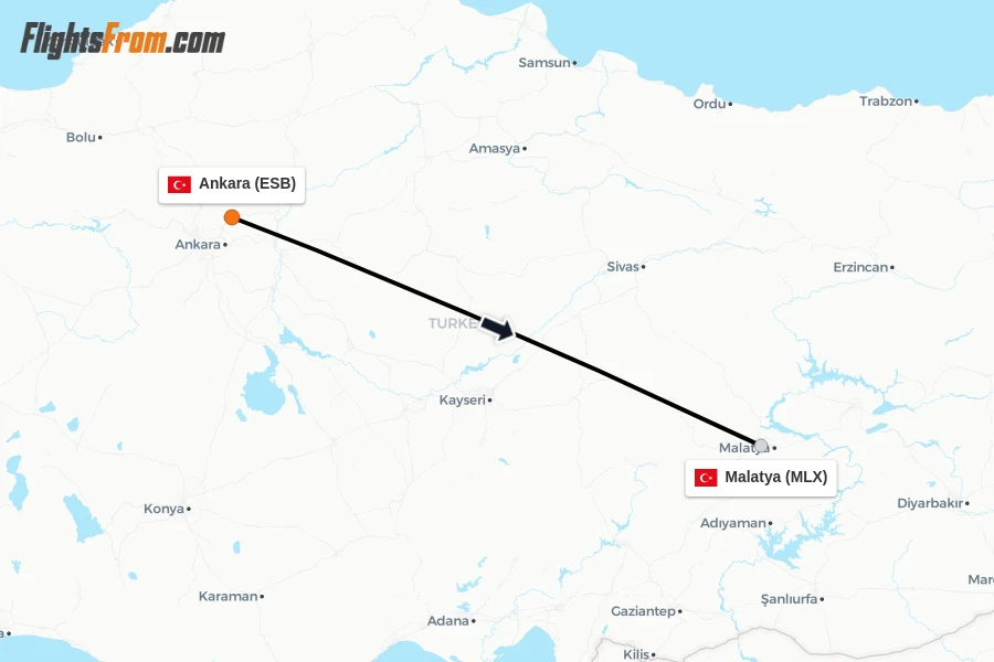 Flights from Ankara to Malatya route map
