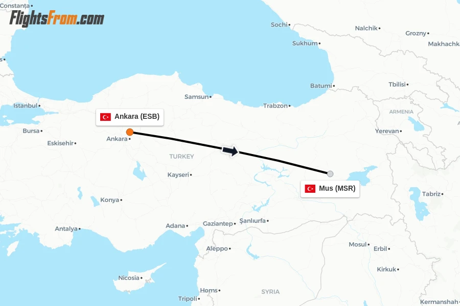 Flights from Ankara to Mus route map