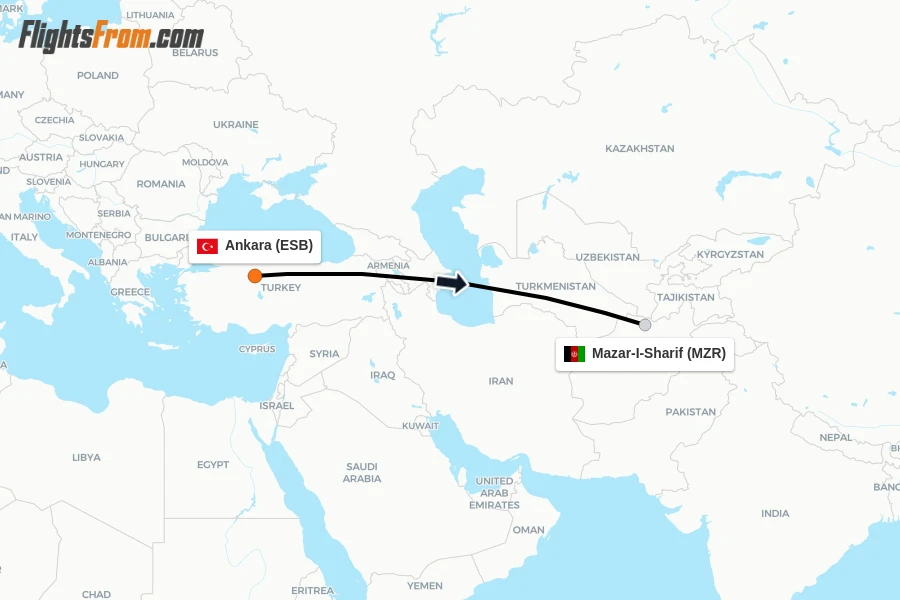 Flights from Ankara to Mazar-I-Sharif route map
