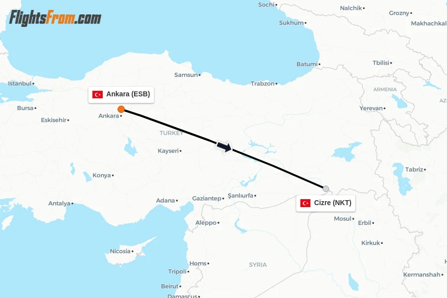 Flights from Ankara to Cizre route map