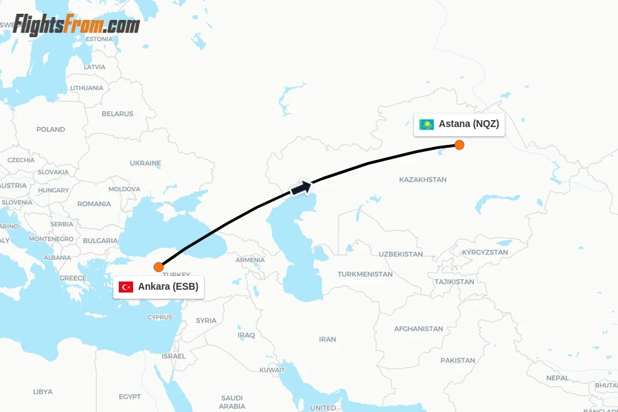 Flights from Ankara to Astana route map