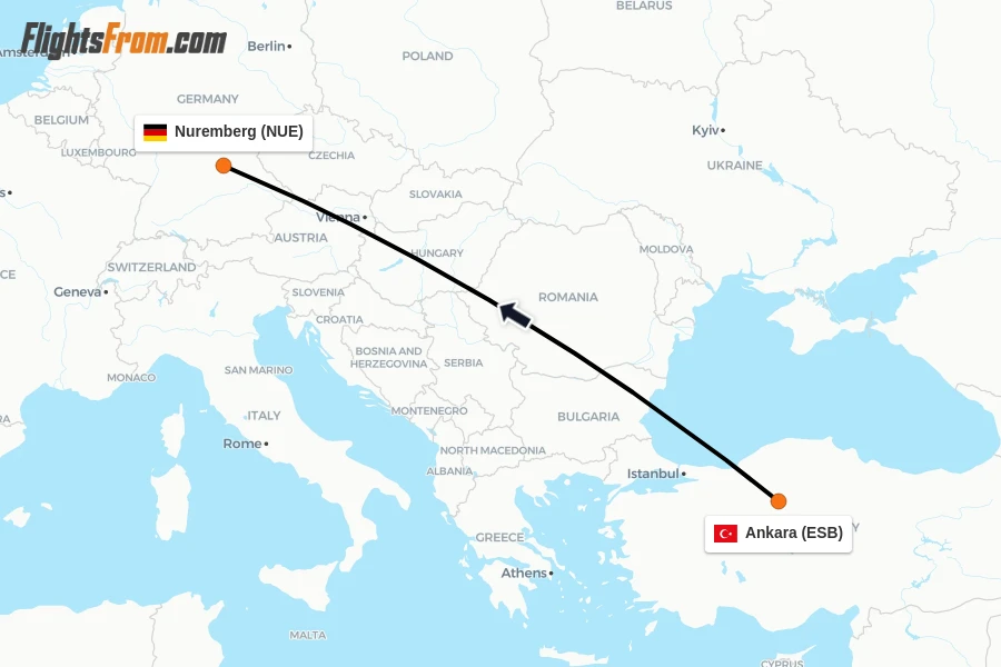Flights from Ankara to Nuremberg route map