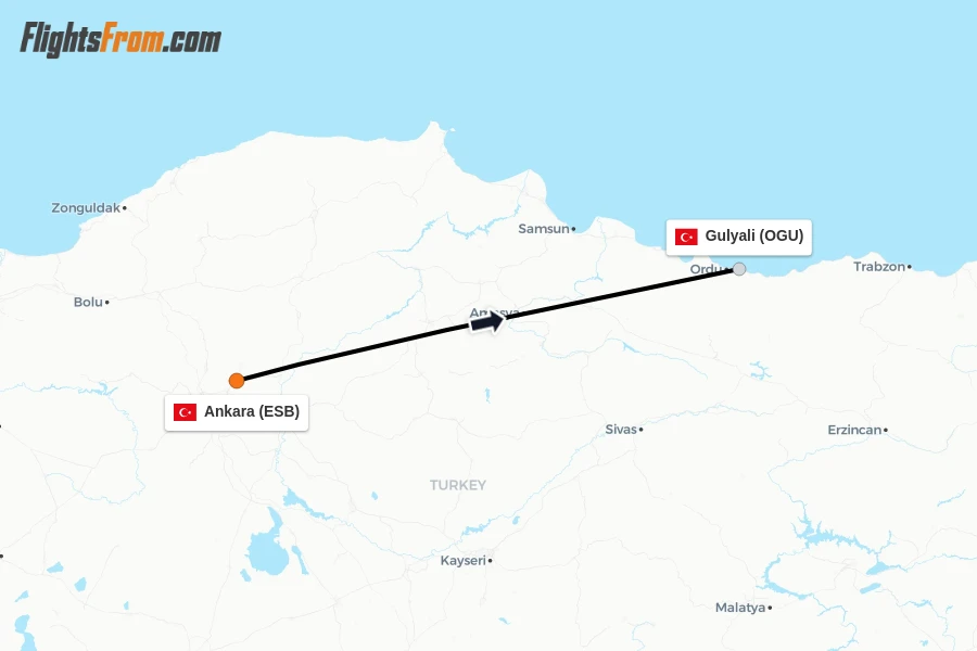 Flights from Ankara to Gulyali route map
