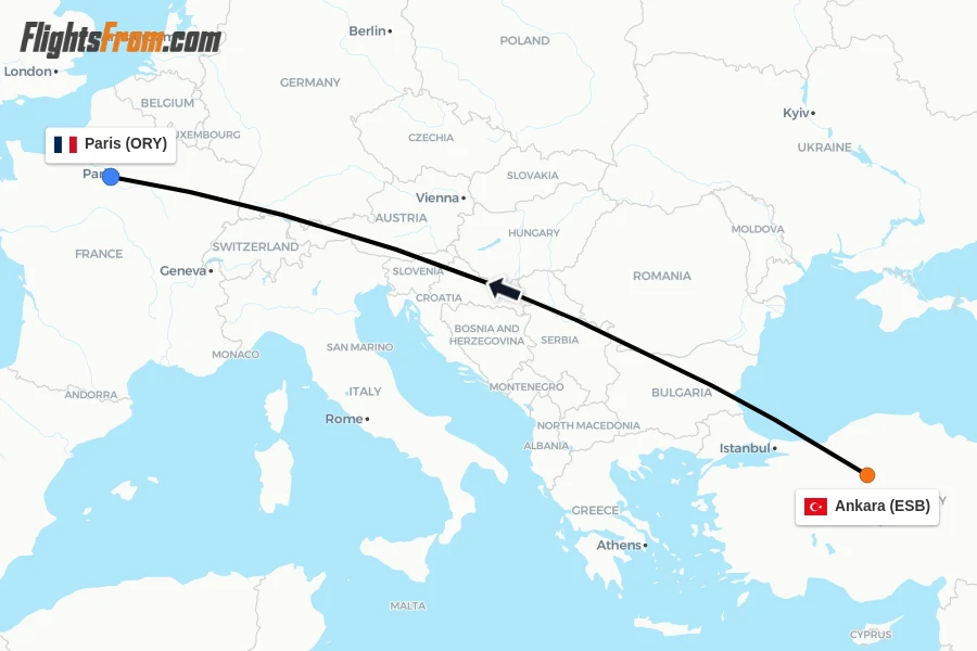 Flights from Ankara to Paris route map