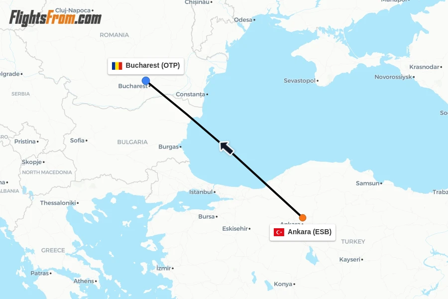 Flights from Ankara to Bucharest route map