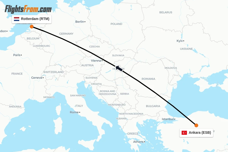 Flights from Ankara to Rotterdam route map