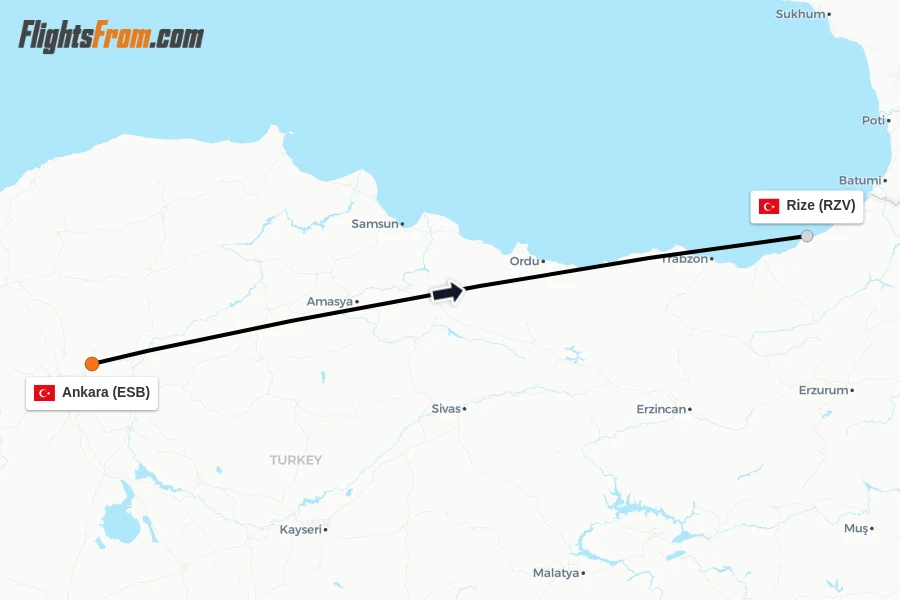 Flights from Ankara to Rize route map