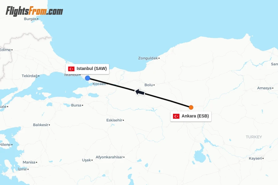 Flights from Ankara to Istanbul route map