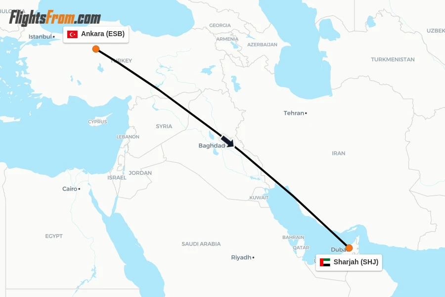 Flights from Ankara to Sharjah route map