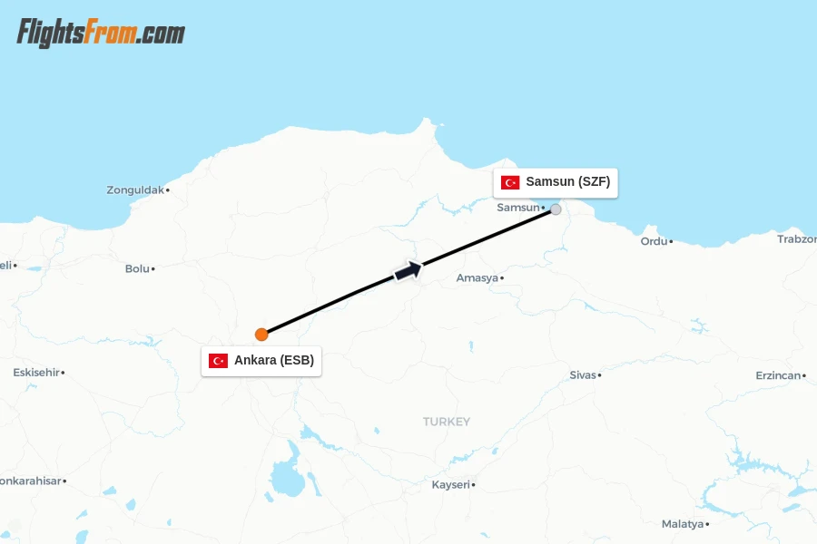Flights from Ankara to Samsun route map