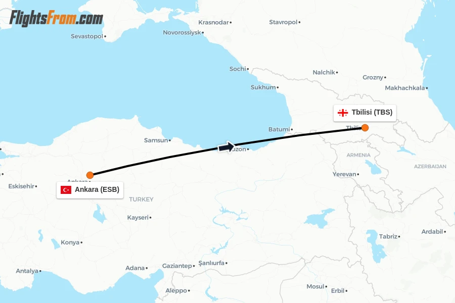 Flights from Ankara to Tbilisi route map