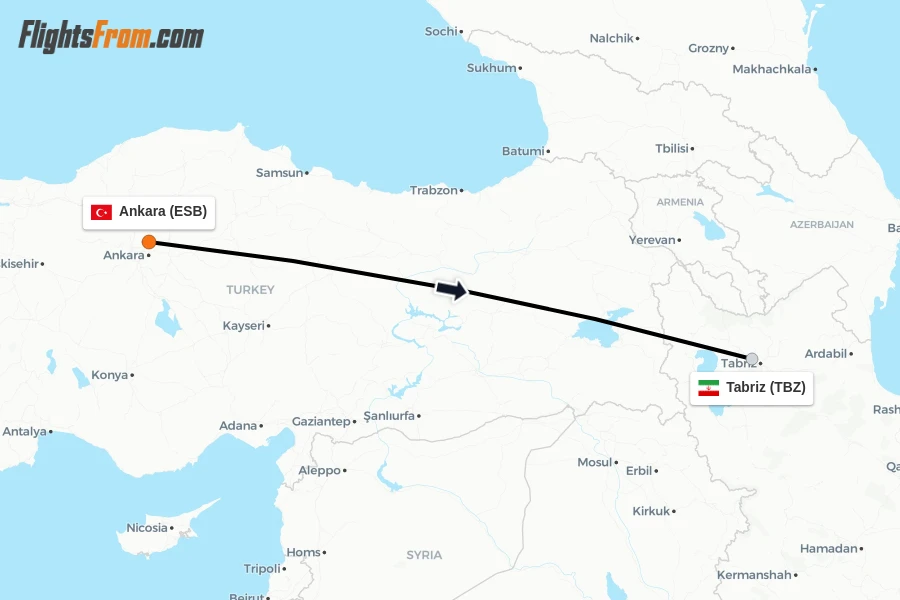 Flights from Ankara to Tabriz route map
