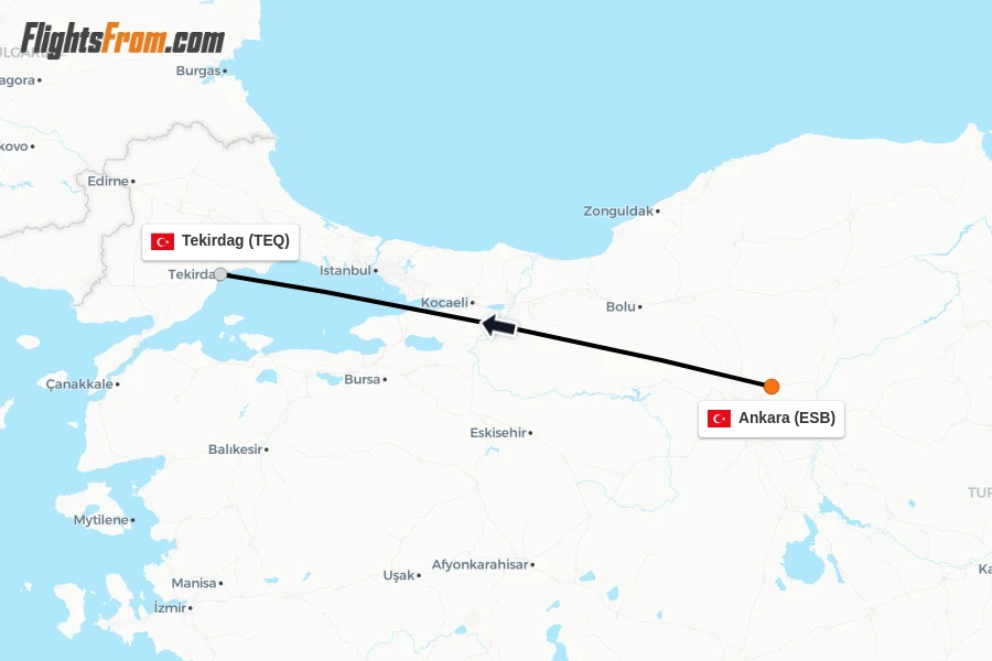 Flights from Ankara to Tekirdag route map