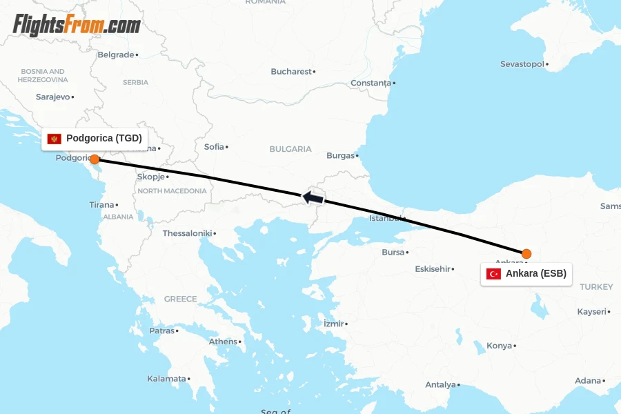 Flights from Ankara to Podgorica route map