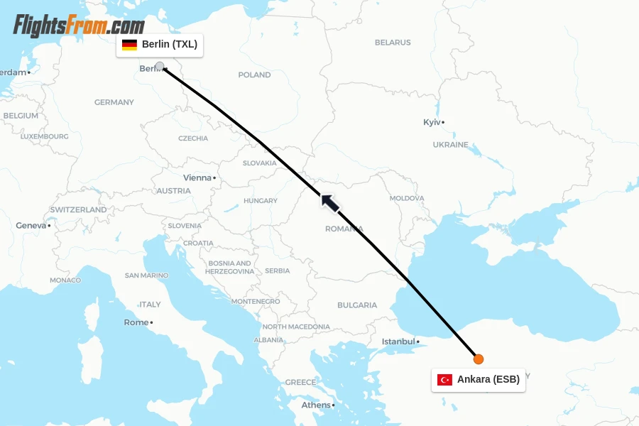 Flights from Ankara to Berlin route map