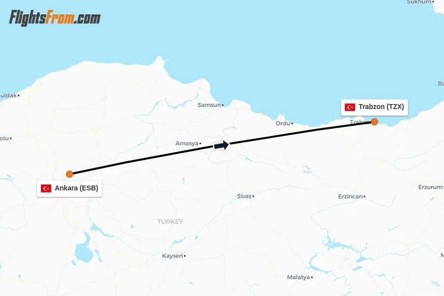 Flights from Ankara to Trabzon route map