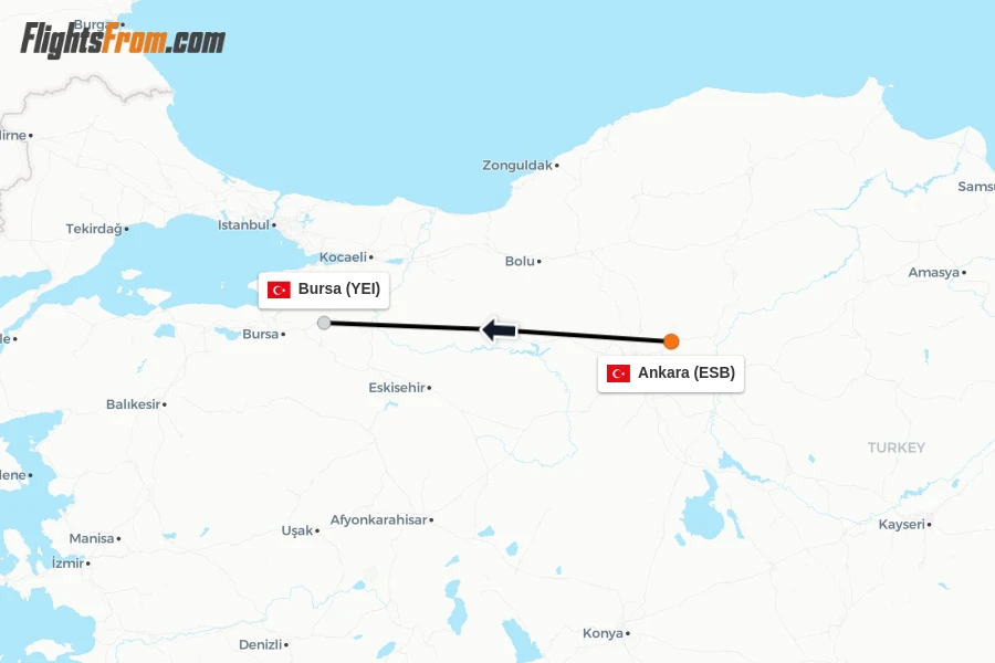 Flights from Ankara to Bursa route map